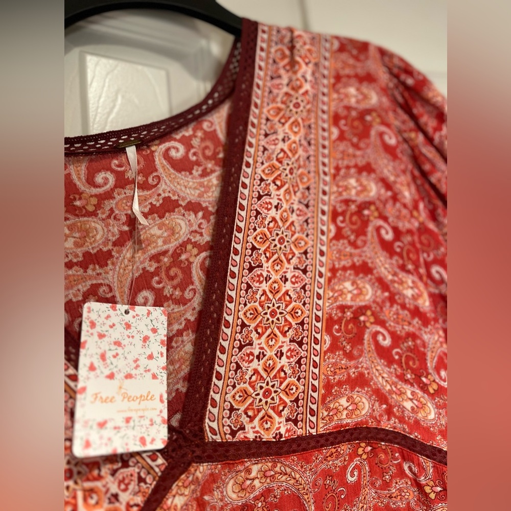 Free People Bohemian Red Floral Paisley Embroidered Tunic Top Dress M - Picture 3 of 9